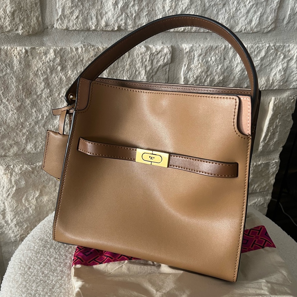 EUC Tory Burch Tan and Brown Lee Radziwill Small Double Bag Tiramisu Color